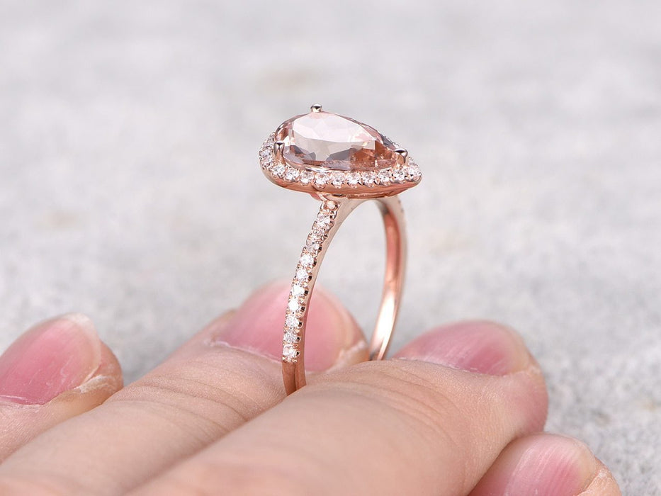Huge 3 Carat Pear Cut Morganite and Diamond Halo Engagement Ring in Rose Gold