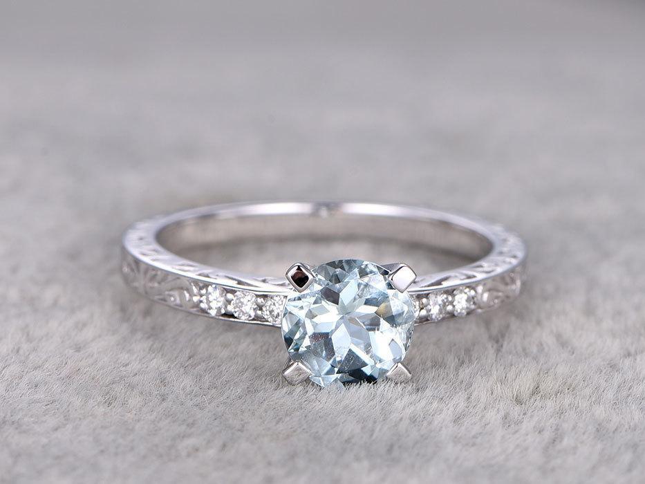 7 Stone 1.25 Carat Round Cut Aquamarine and Diamond Engagement Ring in White Gold