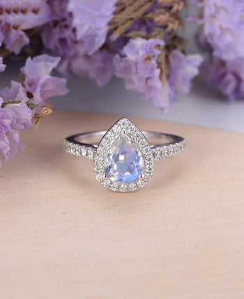 Elegant Pave 1.50 Carat Pear Shape Rainbow Moonstone and Diamond Halo Engagement Ring in White Gold
