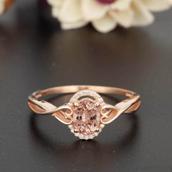 Art Deco 1.25 Carat Oval Cut Peach Halo Morganite and Diamond Engagement Ring in Rose Gold Unique Ring