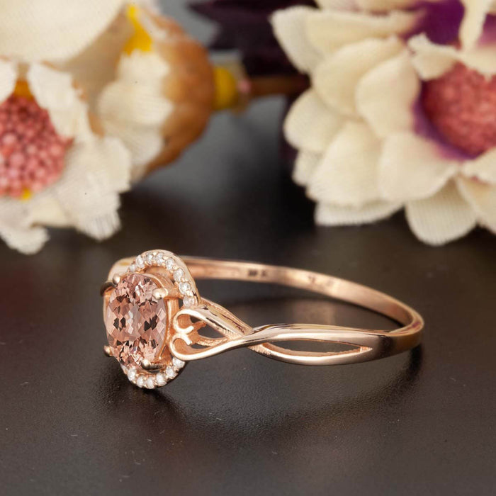 Art Deco 1.25 Carat Oval Cut Peach Halo Morganite and Diamond Engagement Ring in Rose Gold Unique Ring