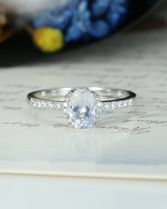 Unique Pave 1.25 Carat Oval Cut Blue Moonstone and Diamond Engagement Ring in White Gold