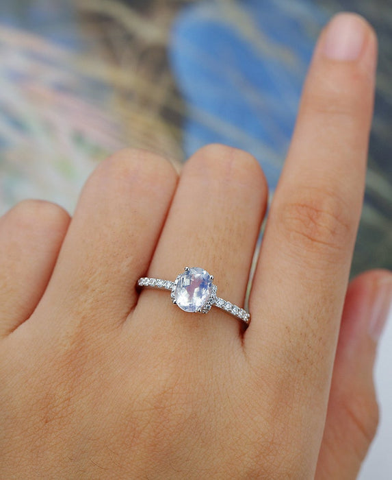 Unique Pave 1.25 Carat Oval Cut Blue Moonstone and Diamond Engagement Ring in White Gold