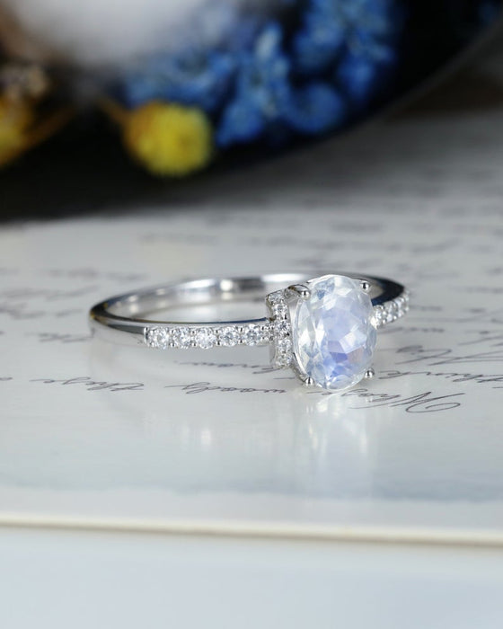 Unique Pave 1.25 Carat Oval Cut Blue Moonstone and Diamond Engagement Ring in White Gold