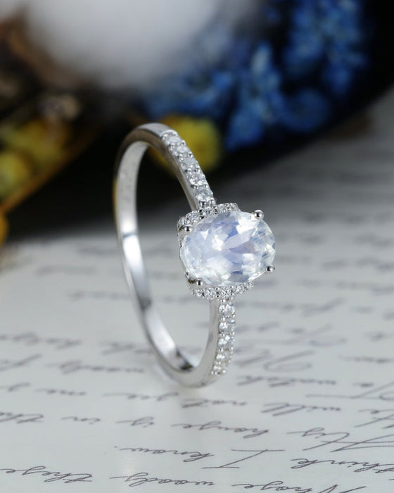 Unique Pave 1.25 Carat Oval Cut Blue Moonstone and Diamond Engagement Ring in White Gold