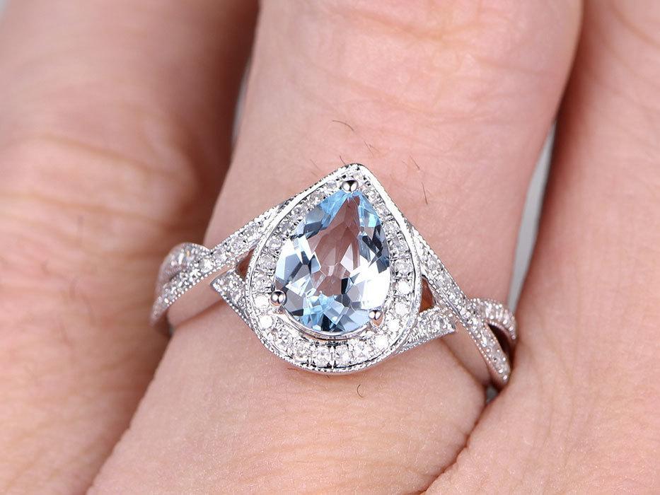 2 Carat Pear Cut Aquamarine and Diamond Wedding Ring in White Gold