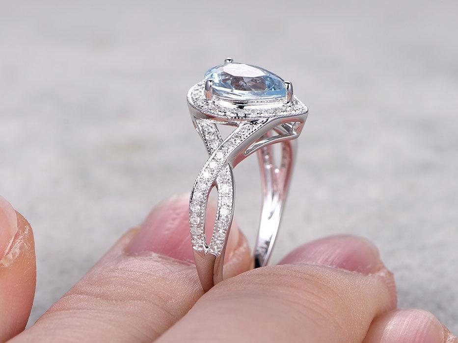 2 Carat Pear Cut Aquamarine and Diamond Wedding Ring in White Gold
