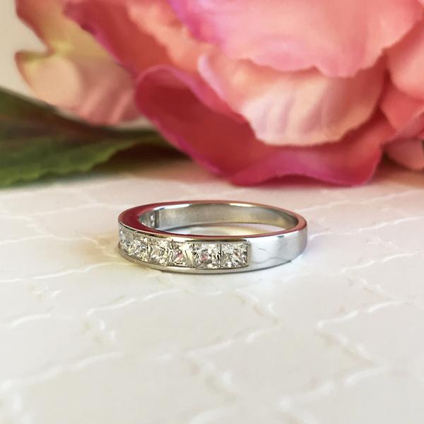 1 Carat Princess Channel Half Eternity Wedding Band in White Gold over Sterling Silver