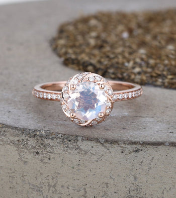 Flower 1.50 Carat Round Cut Rainbow Moonstone and Diamond Antique Engagement Ring in Rose Gold