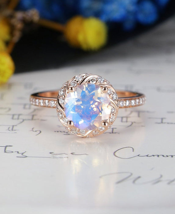 Flower 1.50 Carat Round Cut Rainbow Moonstone and Diamond Antique Engagement Ring in Rose Gold