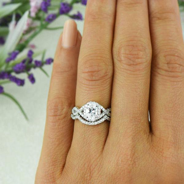 2 Carat Oval Cut Twisted Halo Wedding Ring Set in White Gold over Sterling Silver