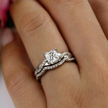 1 Carat Princess Cut Twisted Infinity Wedding Ring Set in White Gold over Sterling Silver
