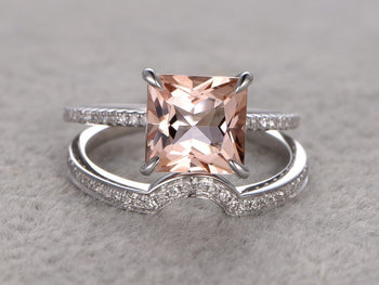 Luxurious 1.50 Carat Princess Cut Morganite and Diamond Bridal Ring Set in White Gold