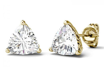 Classic 3 Prong 2 Carat Trillion Cut Moissanite Stud Earrings in Yellow Gold