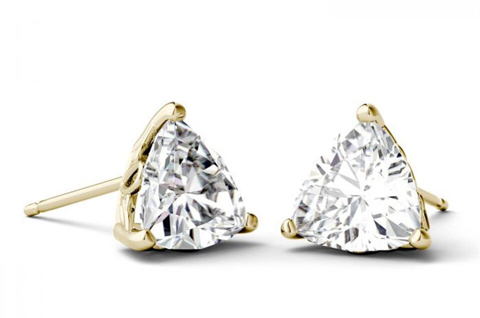 Classic 3 Prong 2 Carat Trillion Cut Moissanite Stud Earrings in Yellow Gold