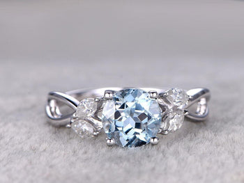 1.25 Carat Round Cut Aquamarine and Marquise Diamond Engagement Ring in White Gold