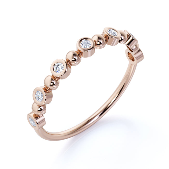 7 Stone Bezel Set White Diamond Stacking Wedding Ring Band in Rose Gold