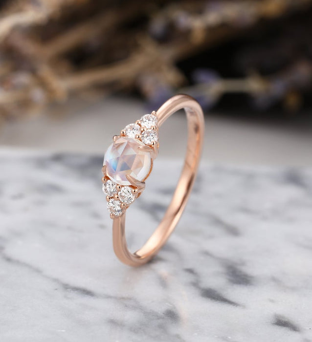 7 Stone 1.10 Carat Round Cut Rainbow Moonstone and Diamond Engagement Ring in Rose Gold