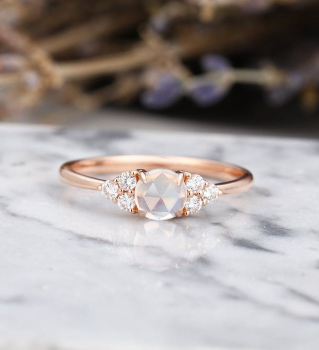 7 Stone 1.10 Carat Round Cut Rainbow Moonstone and Diamond Engagement Ring in Rose Gold