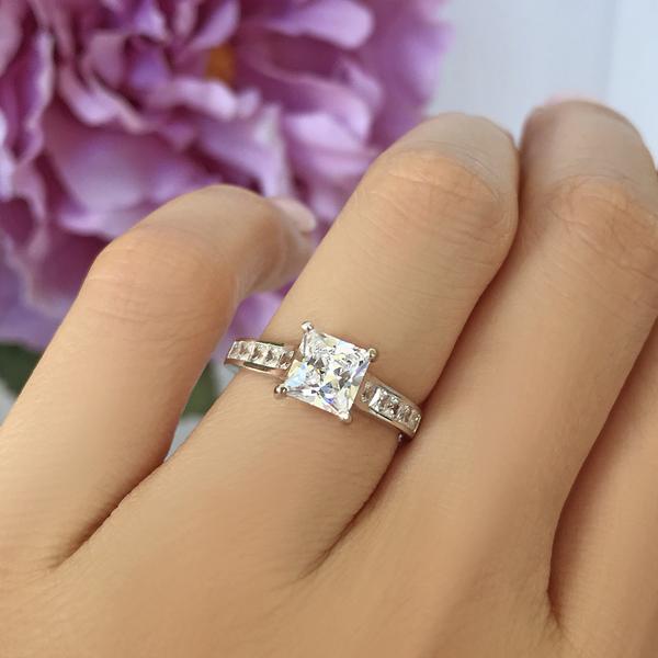 Final Sale: 1.5 Carat Princess Cut Channel Engagement Ring in White Gold over Sterling Silver
