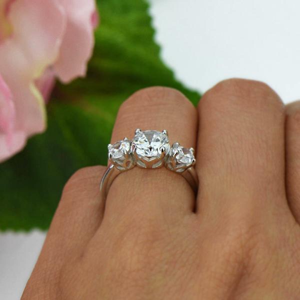 2 Carat Round Cut Three Stone Engagement Ring in White Gold over Sterling Silver