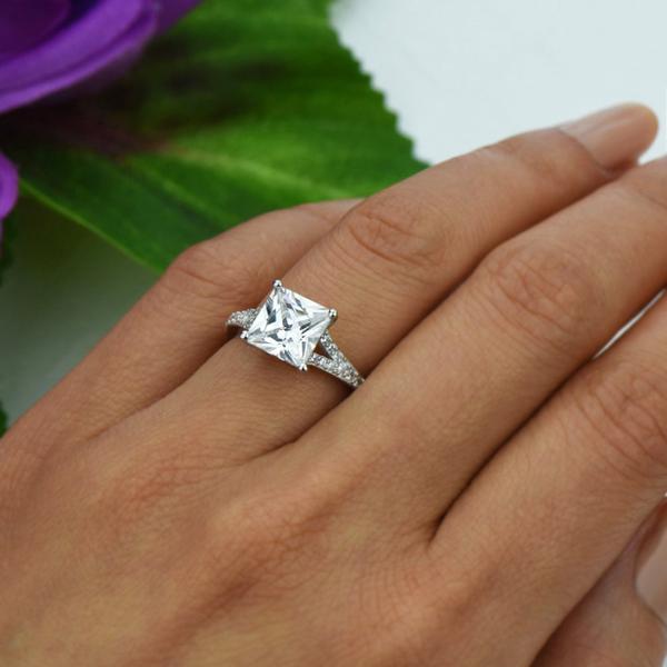 Final Sale: 3.25 Carat Princess Cut Split Shank Engagement Ring in White Gold over Sterling Silver