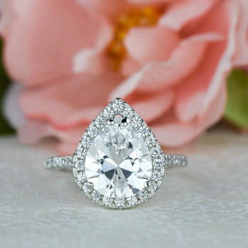 3.5 Carat Pear Cut Halo Engagement Ring in White Gold over Sterling Silver