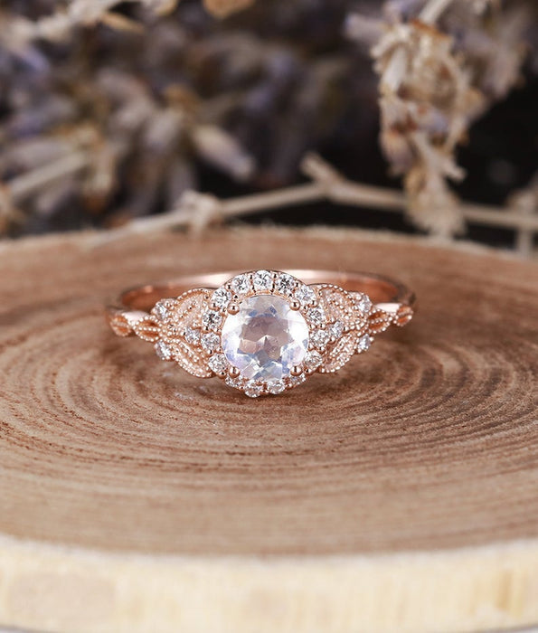 Vintage Design 1.25 Carat Round Cut Rainbow Moonstone and Diamond Halo Engagement Ring in Rose Gold