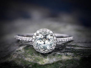 1.25 Carat Halo Round Cut Aquamarine and Diamond Engagement Ring in White Gold