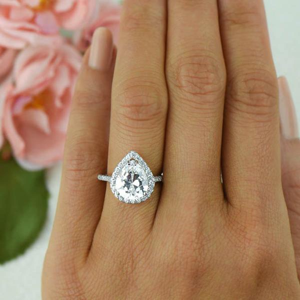 3.5 Carat Pear Cut Halo Engagement Ring in White Gold over Sterling Silver