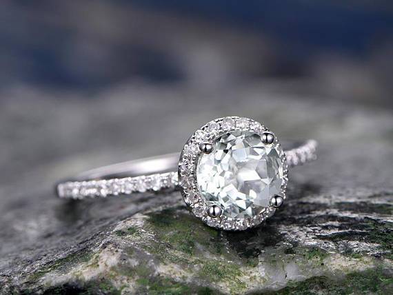 1.25 Carat Halo Round Cut Aquamarine and Diamond Engagement Ring in White Gold