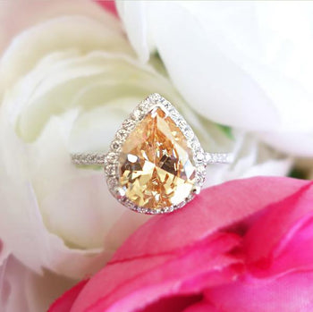 Final Sale: 2.5 Carat Pear Cut Champagne Yellow Halo Engagement Ring in White Gold over Sterling Silver