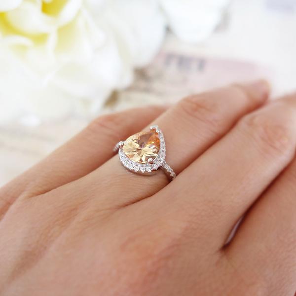 Final Sale: 2.5 Carat Pear Cut Champagne Yellow Halo Engagement Ring in White Gold over Sterling Silver