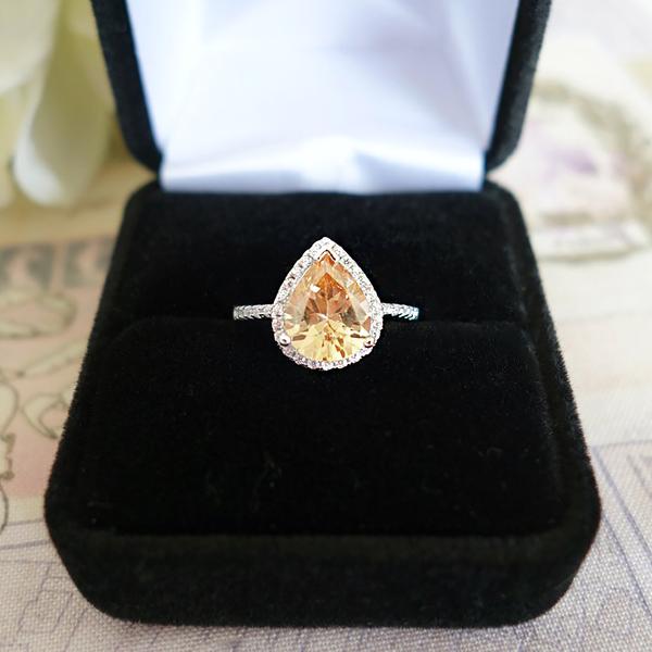 Final Sale: 2.5 Carat Pear Cut Champagne Yellow Halo Engagement Ring in White Gold over Sterling Silver