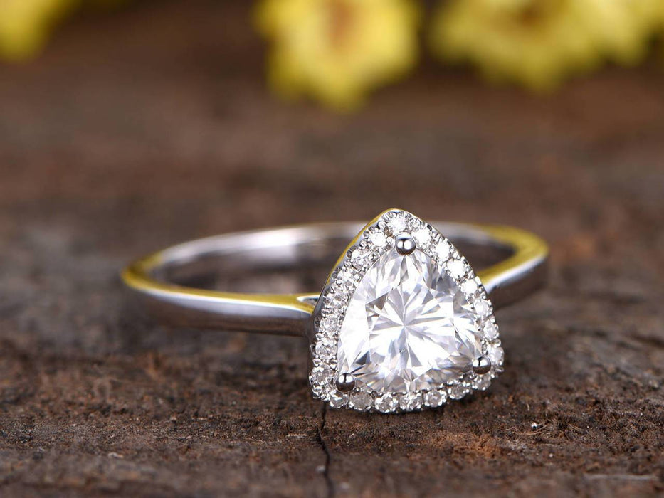 Unique 1.25 Carat Trillion Cut Moissanite and Diamond Engagement Ring in White Gold