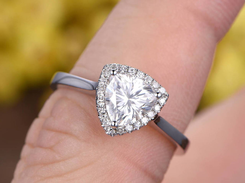 Unique 1.25 Carat Trillion Cut Moissanite and Diamond Engagement Ring in White Gold