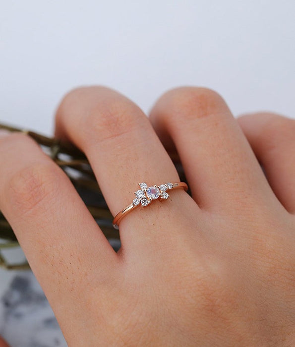 Unique 1.20 Carat Round Cut Rainbow Moonstone and Diamond Cluster Promise Ring in Rose Gold