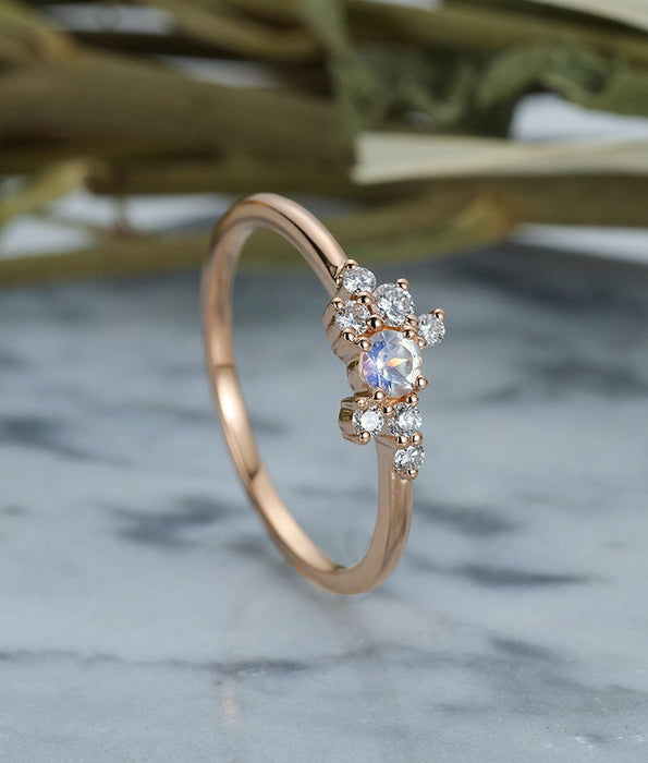 Unique 1.20 Carat Round Cut Rainbow Moonstone and Diamond Cluster Promise Ring in Rose Gold