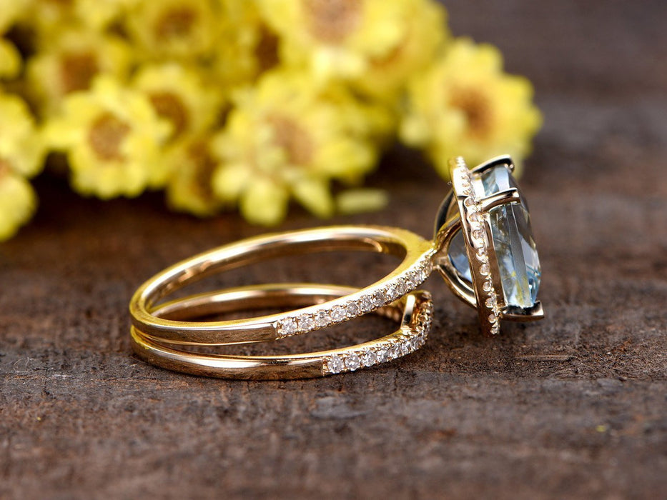 2 Carat Princess Cut Aquamarine and Diamond Halo Wedding Set in Yellow Gold