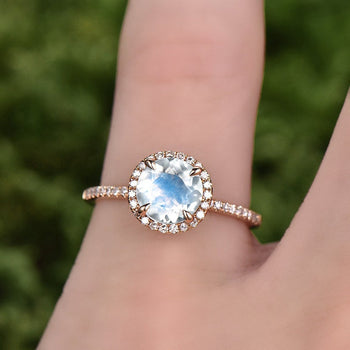 Cluster Pave 1.50 Carat Round Cut Blue Moonstone and Diamond Halo Engagement Ring in Rose Gold