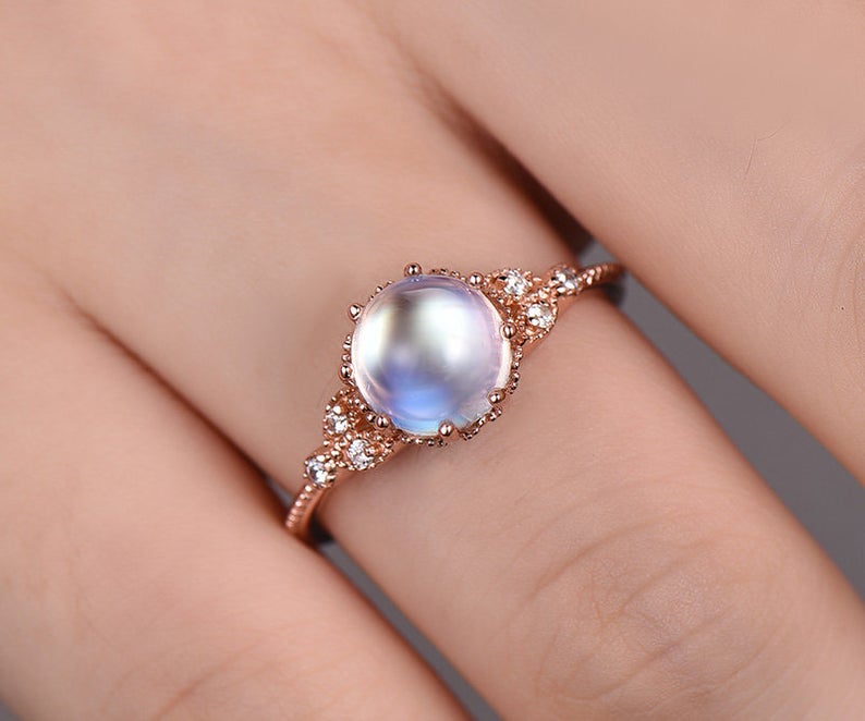 Vintage Milgrain 1.10 Carat Round Cabochon Cut Rainbow Moonstone and Diamond Engagement Ring in Rose Gold
