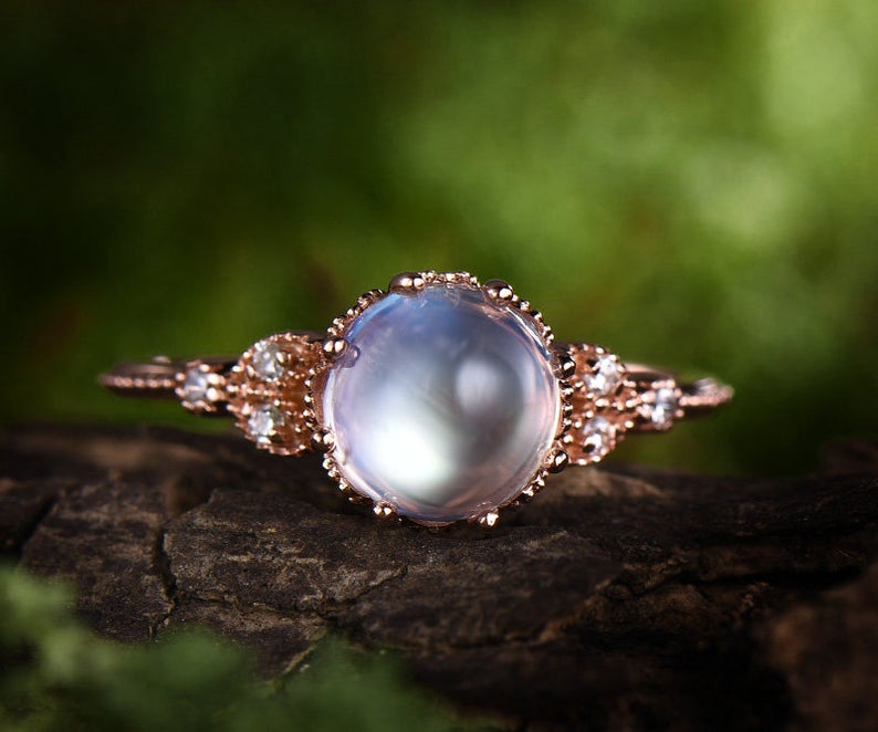 Vintage Milgrain 1.10 Carat Round Cabochon Cut Rainbow Moonstone and Diamond Engagement Ring in Rose Gold