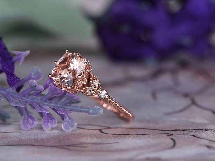 Antique 1.25 Carat Cushion Cut Morganite and Diamond Engagement Ring in Rose Gold