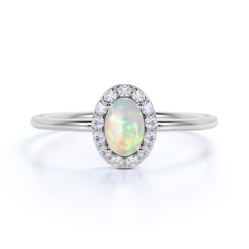 Classic Halo Set Oval Cut Opal and Diamond Stacking Ring in White Gold