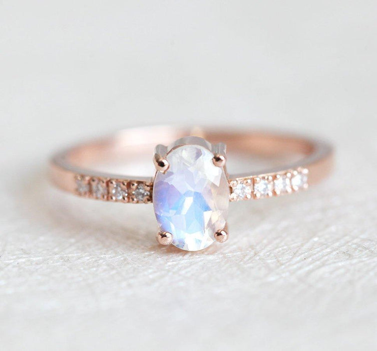 1.25 Carat Oval Cut Rainbow Moonstone and Diamond Pave Engagement Ring in Rose Gold
