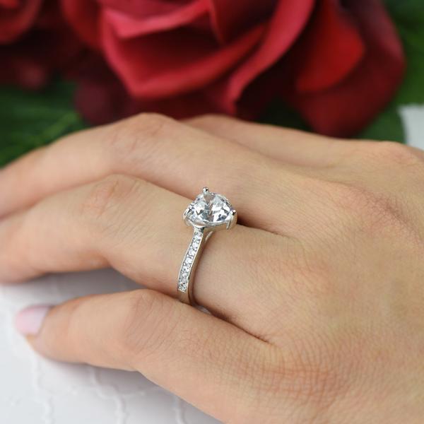 2.25 Carat Heart Cut Accented Solitaire Engagement Ring in White Gold over Sterling Silver