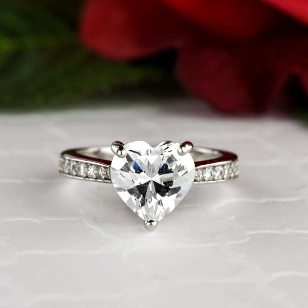 2.25 Carat Heart Cut Accented Solitaire Engagement Ring in White Gold over Sterling Silver