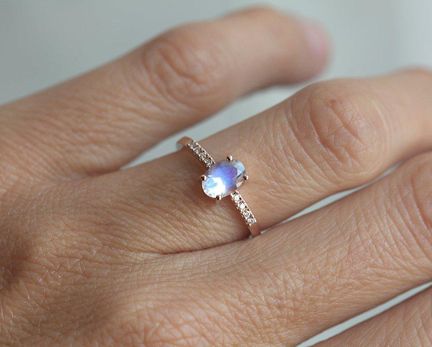 1.25 Carat Oval Cut Rainbow Moonstone and Diamond Pave Engagement Ring in Rose Gold