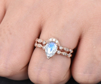 Classic Art Deco 2 Carat Pear Shape Rainbow Moonstone and Diamond Bridal Set in Rose Gold