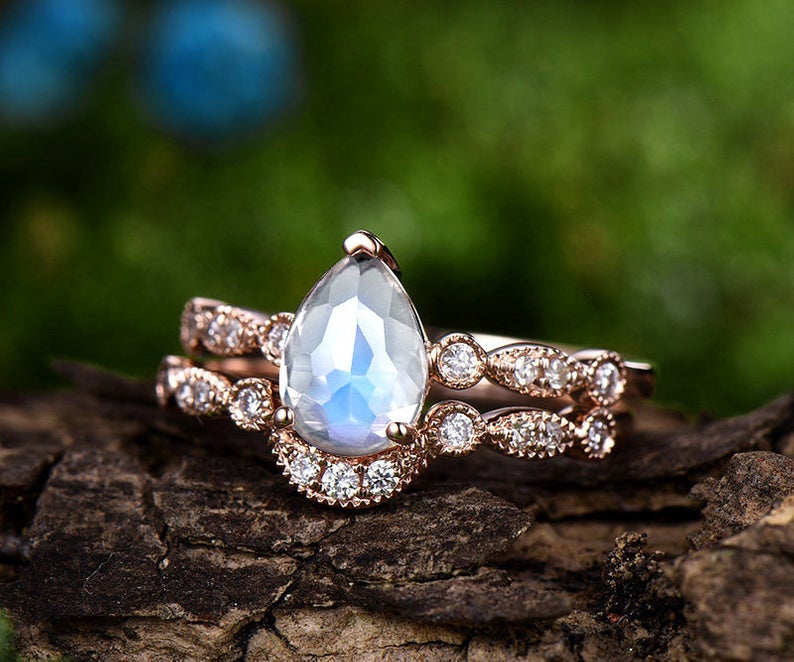 Classic Art Deco 2 Carat Pear Shape Rainbow Moonstone and Diamond Bridal Set in Rose Gold